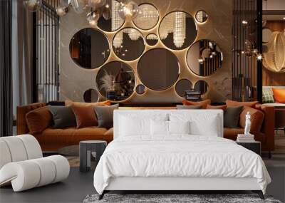 Contemporary living room with a sofa against a wall of oversized, circular mirrors creating a reflective, artistic backdrop. interior design concept  Wall mural